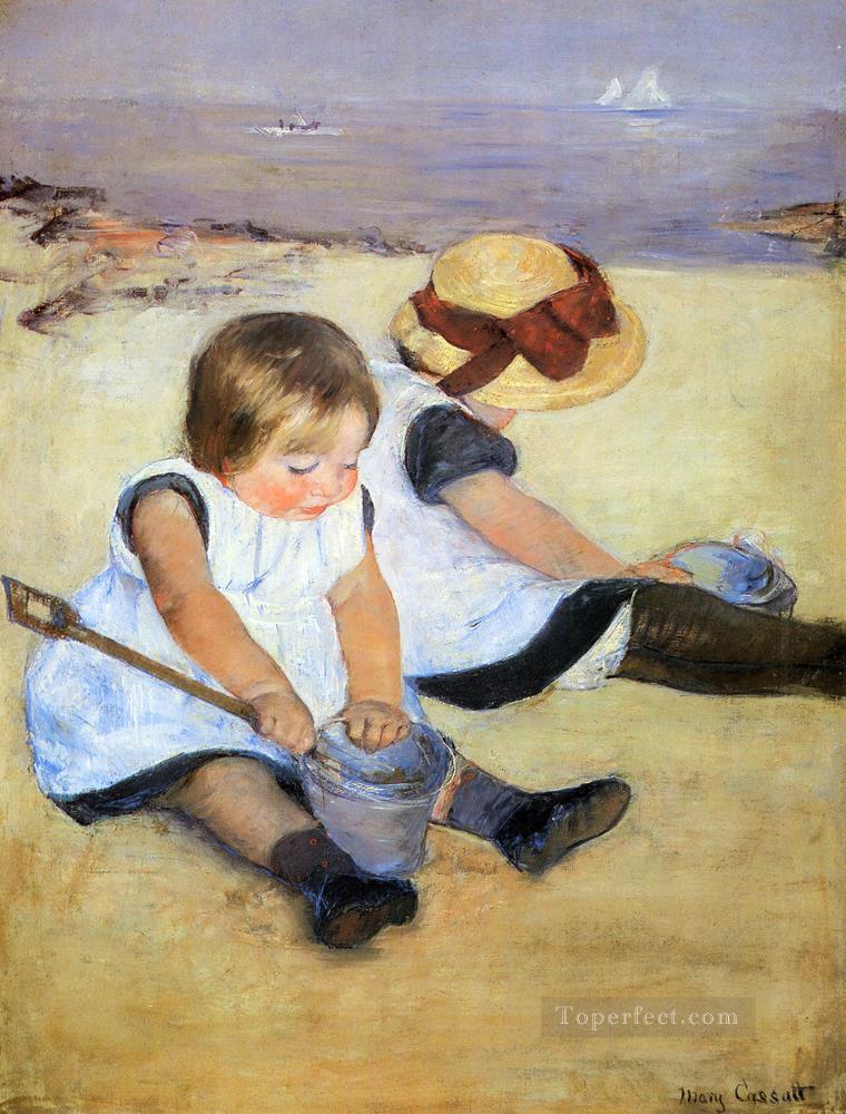 Children Playing On The Beach impressionism mothers children Mary Cassatt Oil Paintings